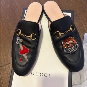 Gucci Black Embellished Mules with Gold Accents